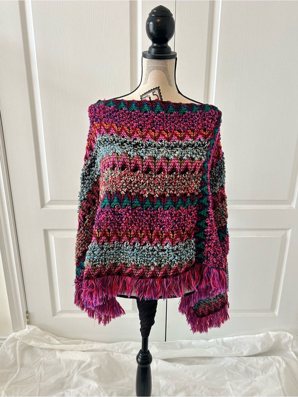 Multicolor Knit Fringe Women's poncho  Sweater - Pink Mix